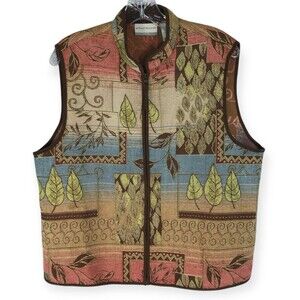Alfred Dunner Tapestry Vest Womens 12P Multicolor Brown Blue Boho Zip Southwest